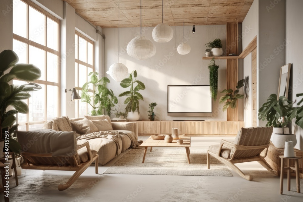 Scandinavian minimalism. Bright studio living room. Comfortable design huge modular couch, armchair,