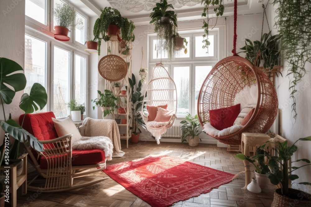 White and red Boho farmhouse living room with potted plants and lace hanging chair. Parquet and wood