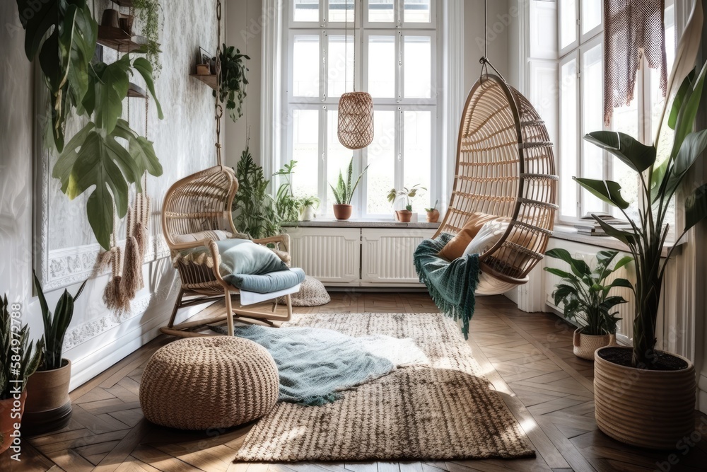 Rattan plants and lace hanging chair in country living room. Parquet and wooden shutters. Tropical w