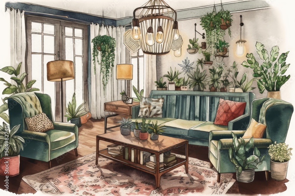 Interior design. Hygge couch, rug, chandelier, and plants. Hand drawn watercolor. Watercolor theme h