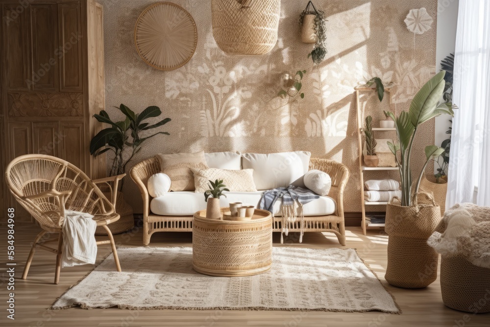 White and beige bohemian living room with parquet and wallpaper. Sofa, jute carpet, rattan armchair.