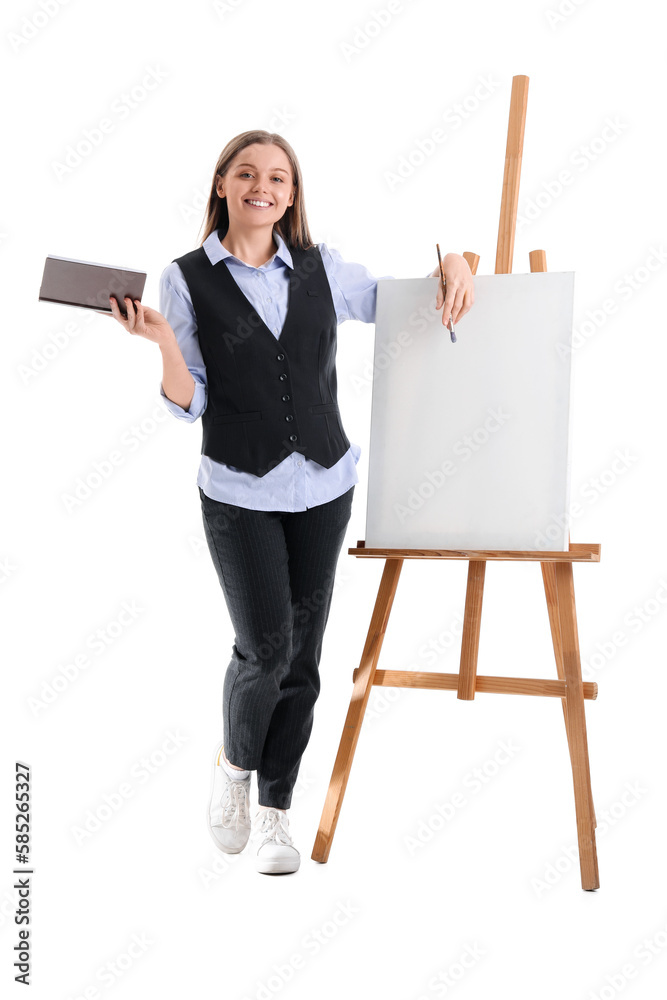 Drawing teacher with book, brush and easel on white background