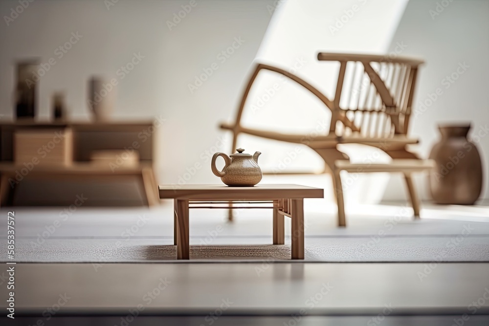 Blurred, sparse. Japanese tea ceremonial mockup. Table, chairs, tatami. Japanese interiors. Generati