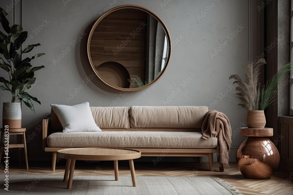 Round wall mirrors reflecting interior design scene, bohemian wooden living room, fabric couch with 