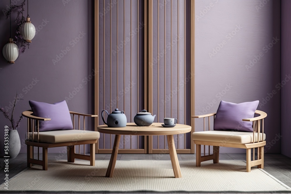Minimalist Japanese style violet and beige tea ceremonial chamber mockup. Table, chairs, tatami. Jap