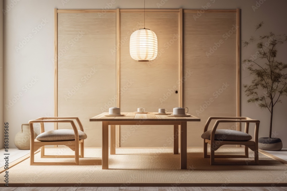 Minimalist Japanese style bleached and beige tea ceremonial chamber mockup. Table, chairs, tatami. J