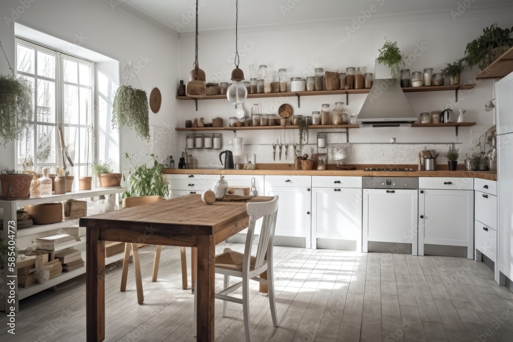 White kitchen with island and chairs. Shelves, cabinets, and parquet. Farmhouse boho decor,. Generat
