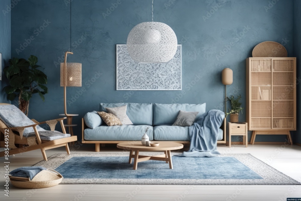 Scandinavian interior design of blue living room with contemporary furniture, antique wallpaper back