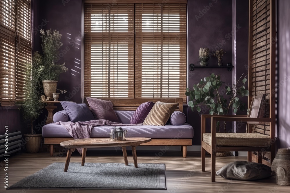 Purple toned wooden living room. Venetian shades, fabric sofa, cushions. Farmhouse decor,. Generativ