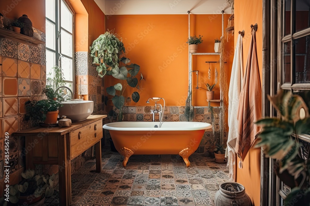 Bohemian bathroom with orange wall paper, plants, tile shower, and bathtub worktops. Generative AI