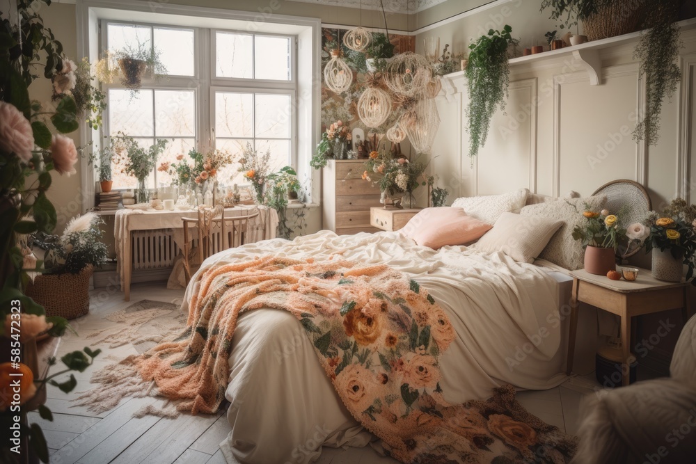 Spring flower and plant filled bohemian bedroom. Generative AI