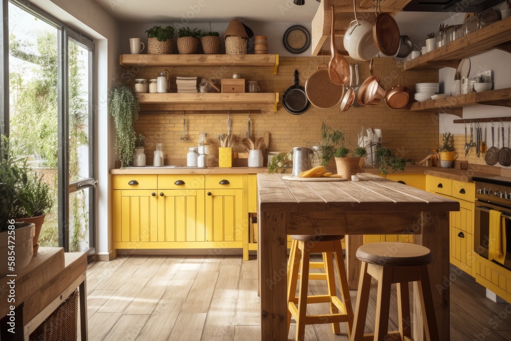 Yellow beige wooden kitchen with island and chairs. Shelves, cabinets, and parquet. Farmhouse boho d