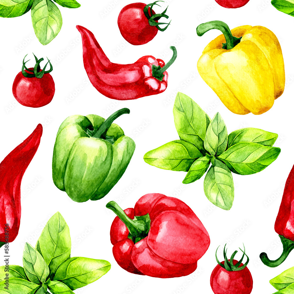 watercolor drawing. seamless pattern of vegetables and culinary herbs. basil, bell pepper, chili pep