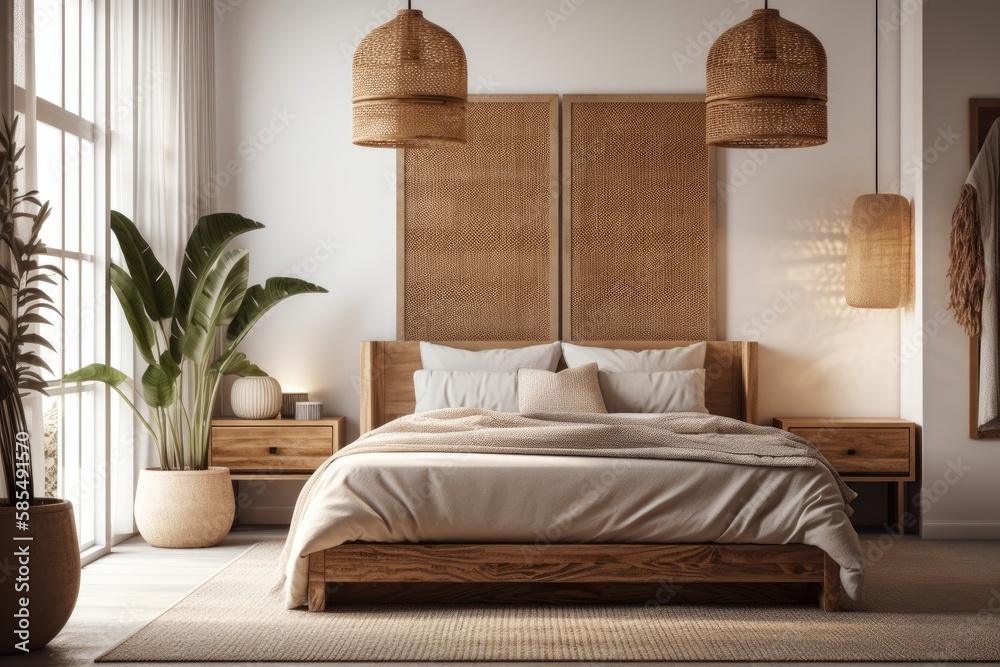 Comfortable contemporary bedroom with sunshine on a blank beige wall, lamps on bedside tables on eac