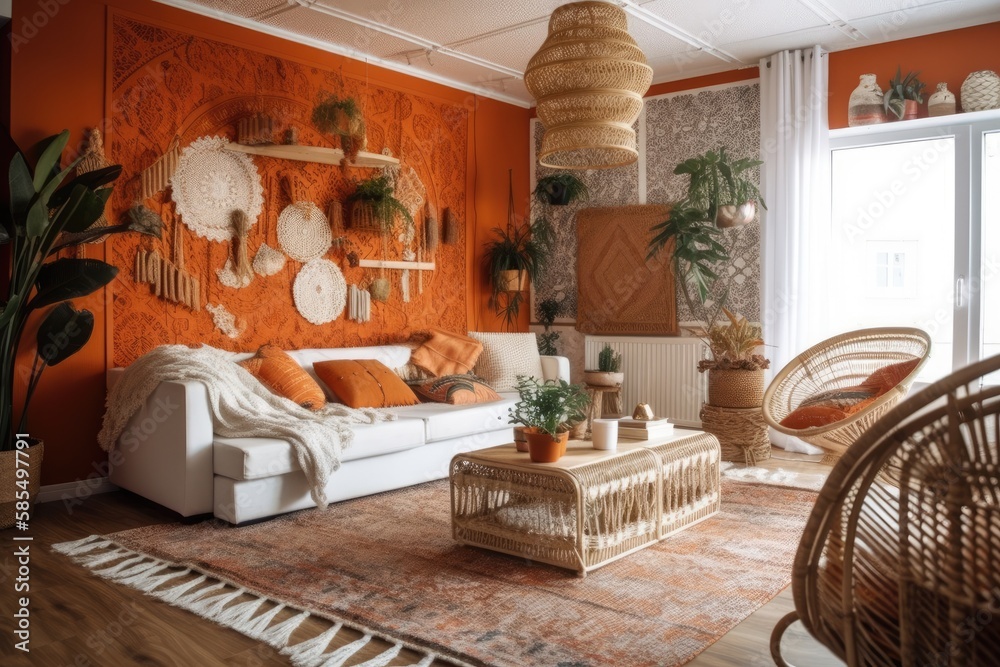 Wallpaper and parquet bohemian living room. White and orange sofa, jute mat, and rattan armchair. Bo