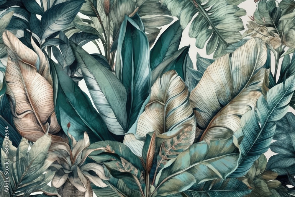 Soft colored tropical leaf wallpaper, banana plants, mural art, interior decor. Generative AI