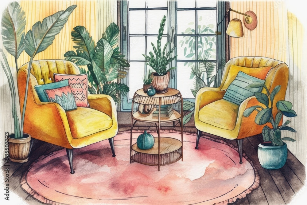 Bohemian interior with mid century contemporary furnishings. Tropical houseplant, rug, armchair. Wat