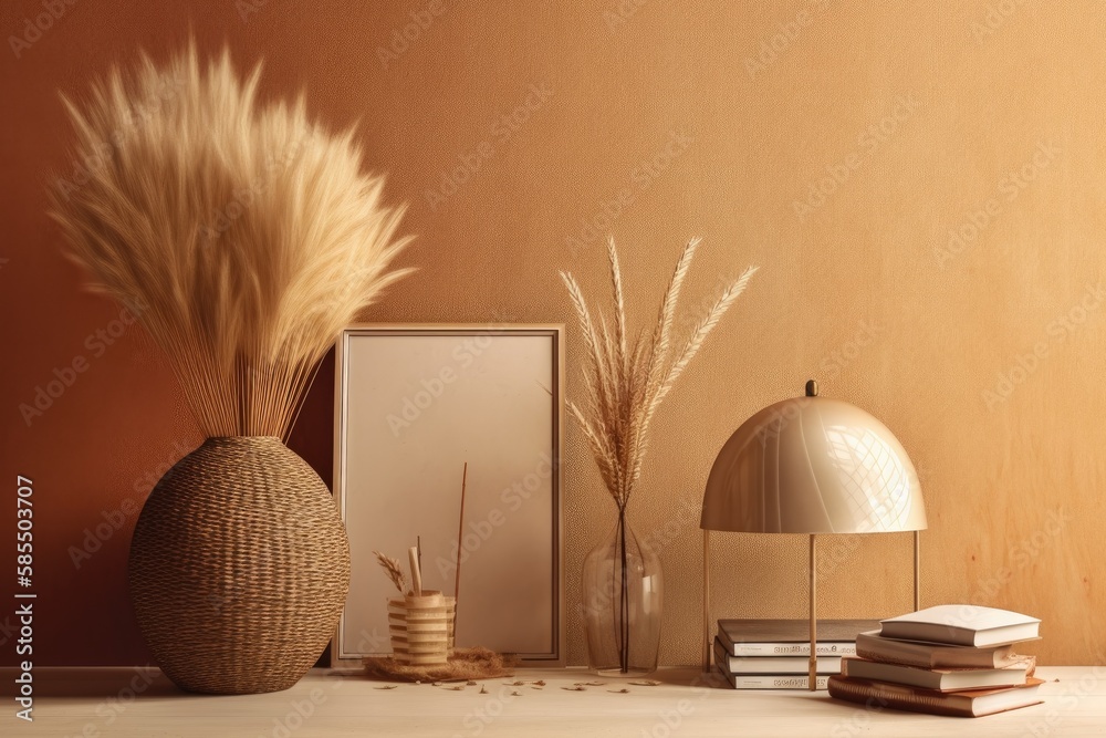 Warm toned wall mockup with dried grass in vase, wicker lamp, and books on empty beige backdrop. Boh