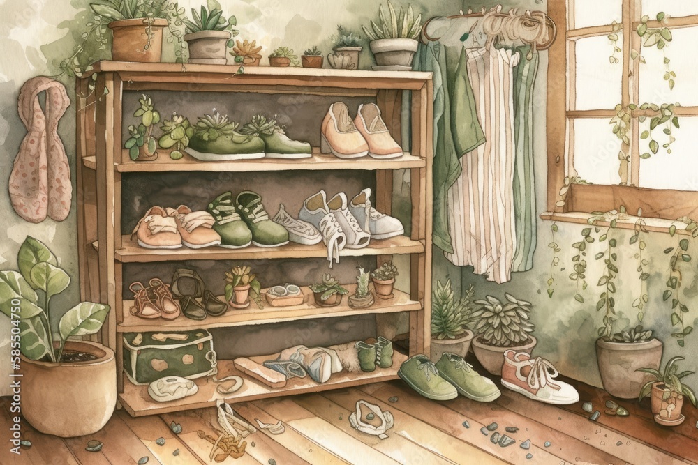 Eco friendly watercolor nursery. Hand painted baby clothing, shoes, houseplant, and books on shelf f