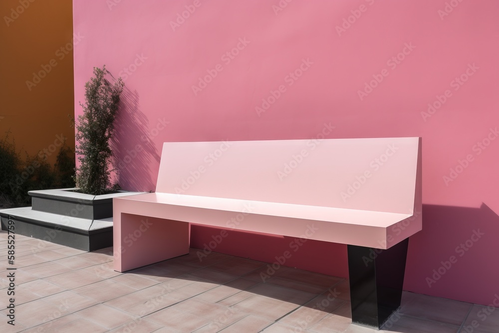  a white bench sitting in front of a pink wall next to a plant.  generative ai