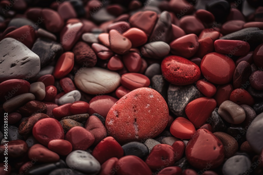  a close up of a red rock surrounded by other rocks.  generative ai