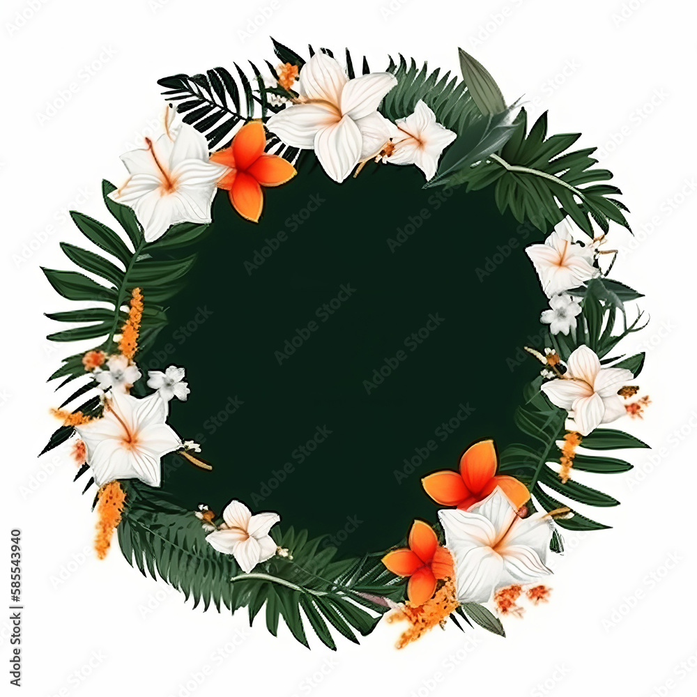 Tropical flower frame. Illustration AI Generative.