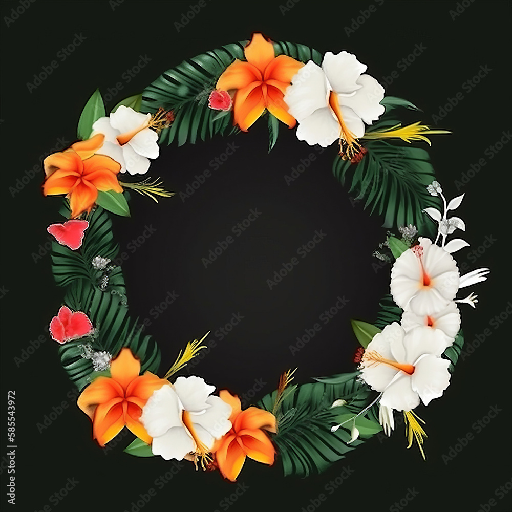 Tropical flower frame. Illustration AI Generative.