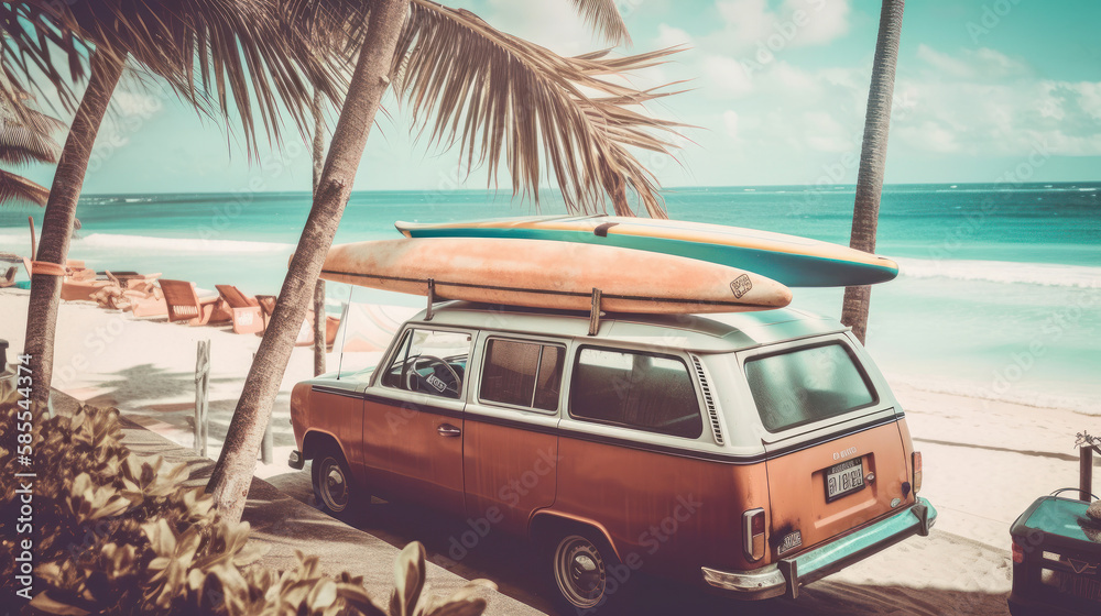 Old car with surf board. Illustration AI Generative