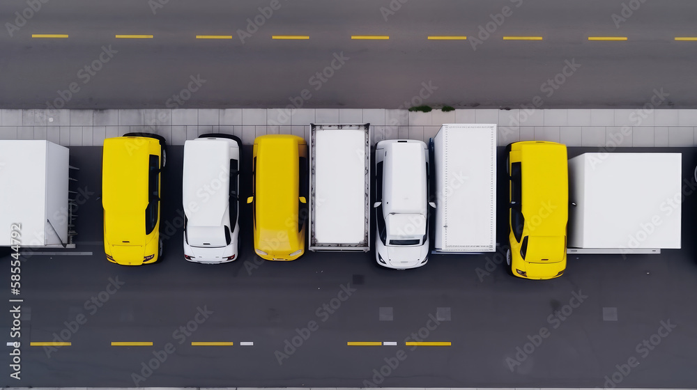 Yellow trucks top view. Illustration AI Generative.