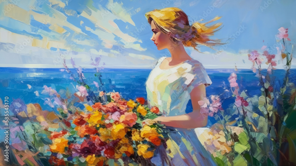 Impressionist painting woman in summer. Illustration AI Generative.