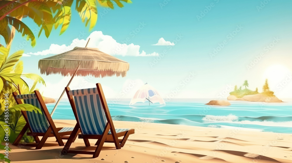 Summer beach with chairs. Illustration AI Generative.
