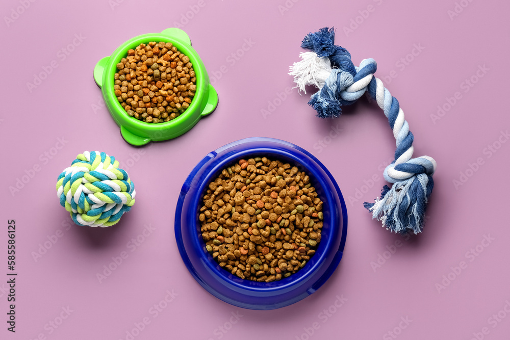 Bowls with dry pet food and toys on color background