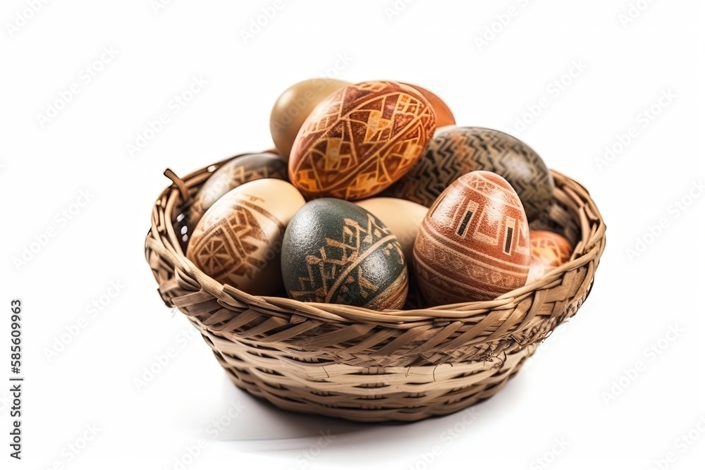 basket filled with colorful Easter eggs. Generative AI