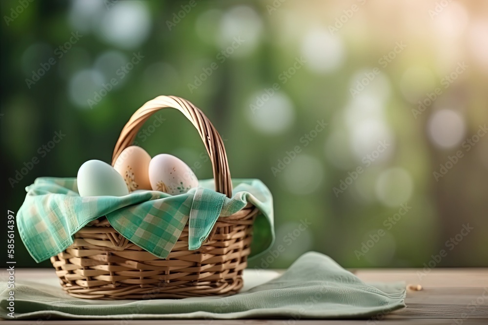 basket full of fresh eggs on a wooden table. Generative AI