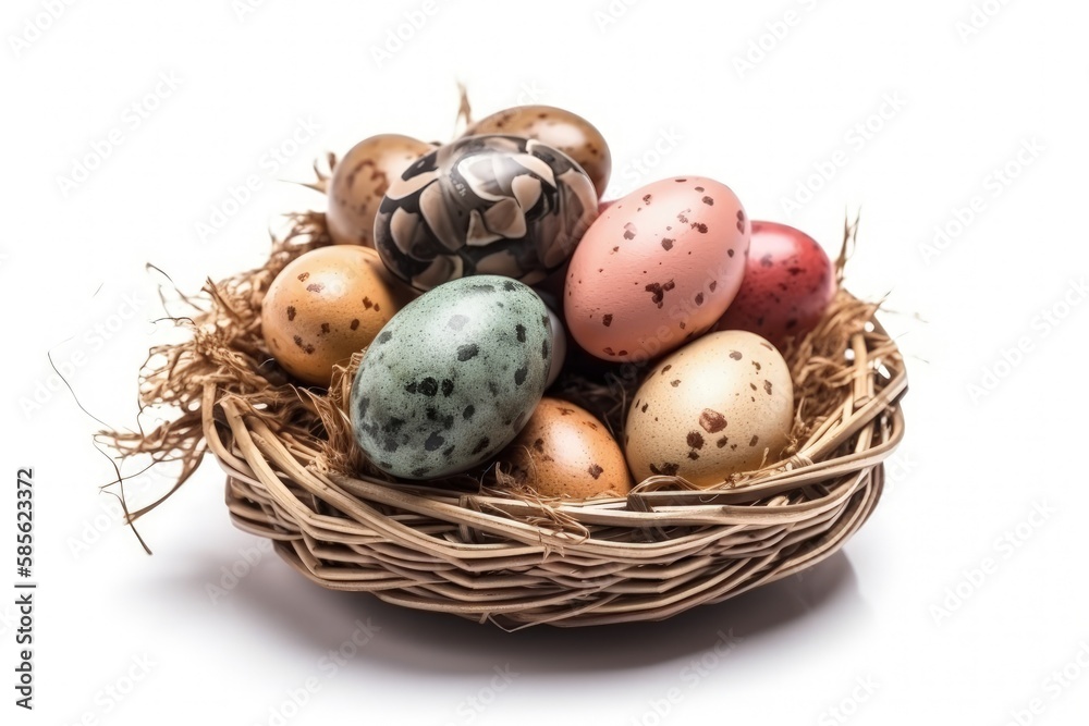 colorful Easter basket filled with a variety of eggs. Generative AI