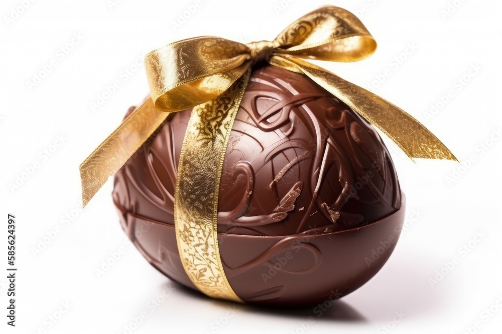 chocolate Easter egg wrapped in a golden ribbon. Generative AI