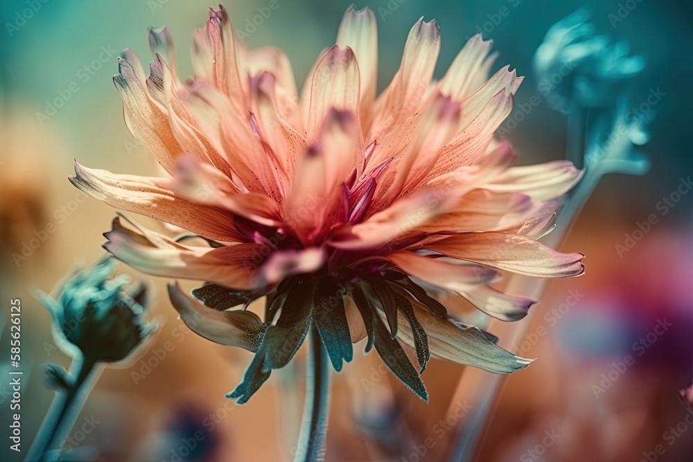 close up of a colorful flower with a blurred background. Generative AI