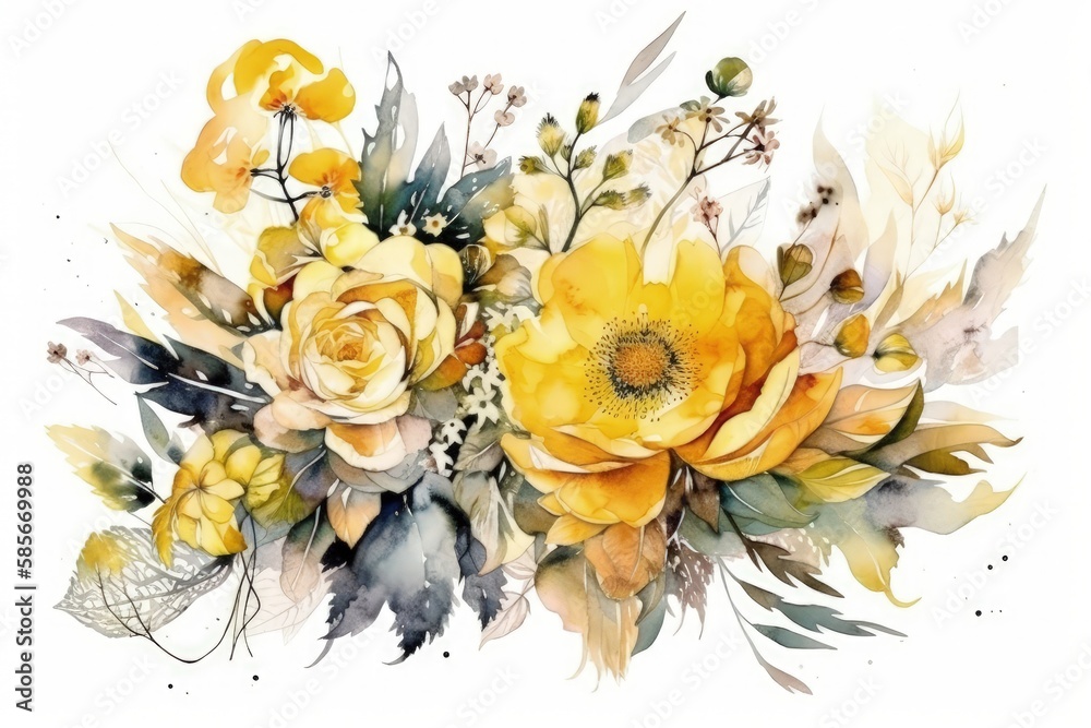 yellow flowers and leaves painted in watercolor. Generative AI