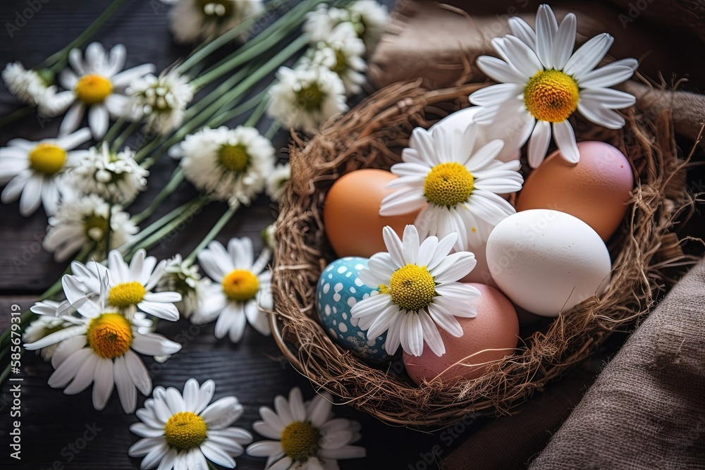 rustic basket filled with fresh eggs and daisies on a wooden table. Generative AI