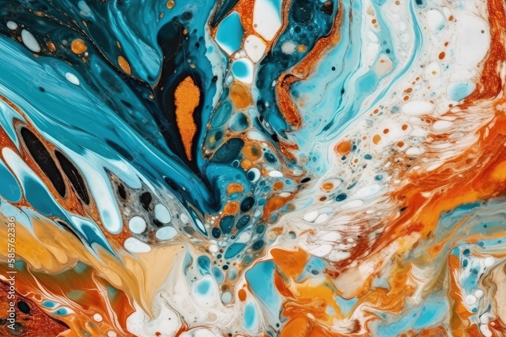 an abstract painting featuring blue, orange, and white colors. Generative AI