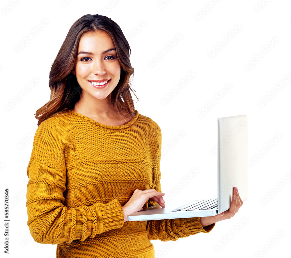 Portrait, laptop and happy woman browsing the internet for a creative work report while isolated on 