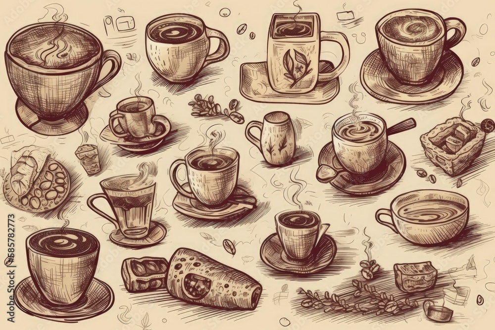 table filled with various coffee cups and saucers in different designs and colors. Generative AI