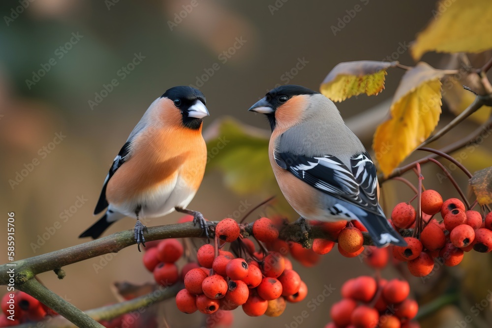  two birds perched on a branch with berries on its branches and leaves on the branches, with a blur