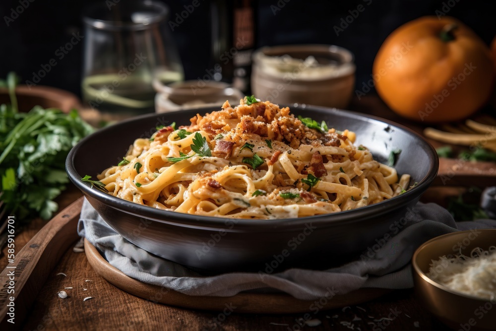  a bowl of pasta with meat and parsley on a wooden table next to a bowl of parsley and a bowl of par