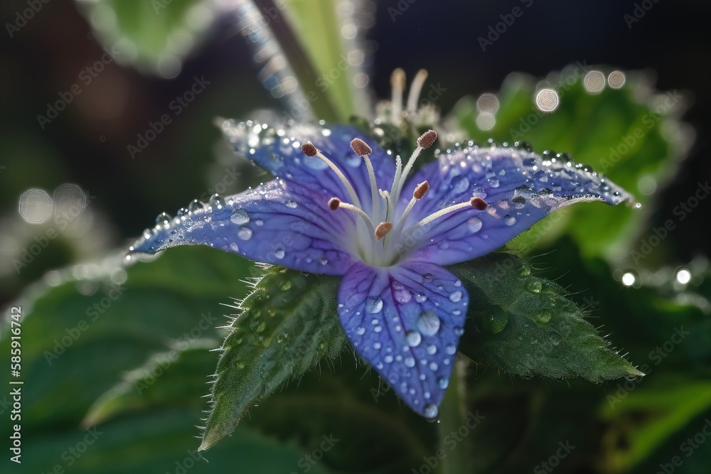  a blue flower with drops of water on its petals and green leaves with water droplets on its petal