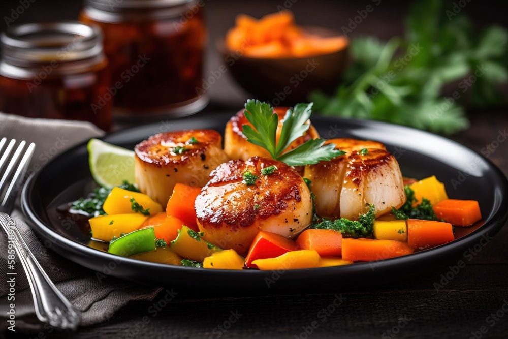  a plate of scallops with carrots and parsley on a table next to a fork and a glass of honey and lim