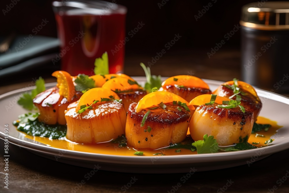  a plate of scallops with sauce and garnish on a table next to a glass of red wine and a can of juic