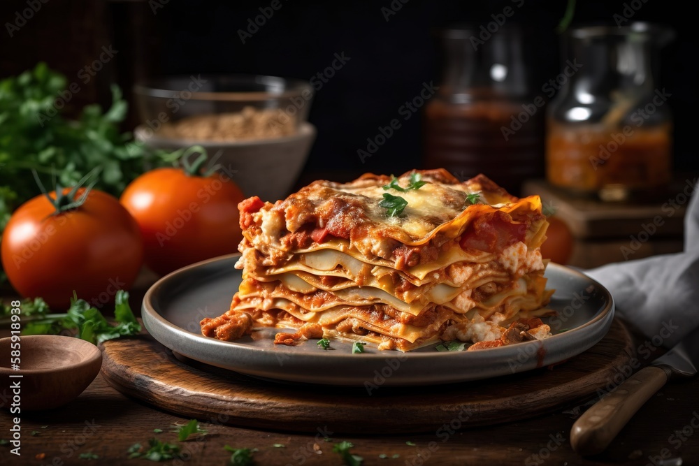  a plate of lasagna on a wooden table with tomatoes and parsley in the backgrouf of the table, with 