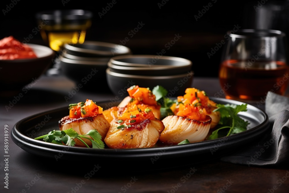  a plate of scallops on a table with a glass of wine and a bowl of sauce in the background on a tabl