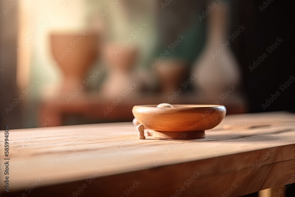 rustic wooden bowl resting on a wooden table created with Generative AI technology